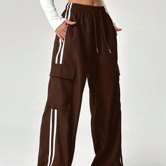 Brown Casual Women's Color Block Striped Drawstring Waist Cargo Long Pants - Picture 1 of 6